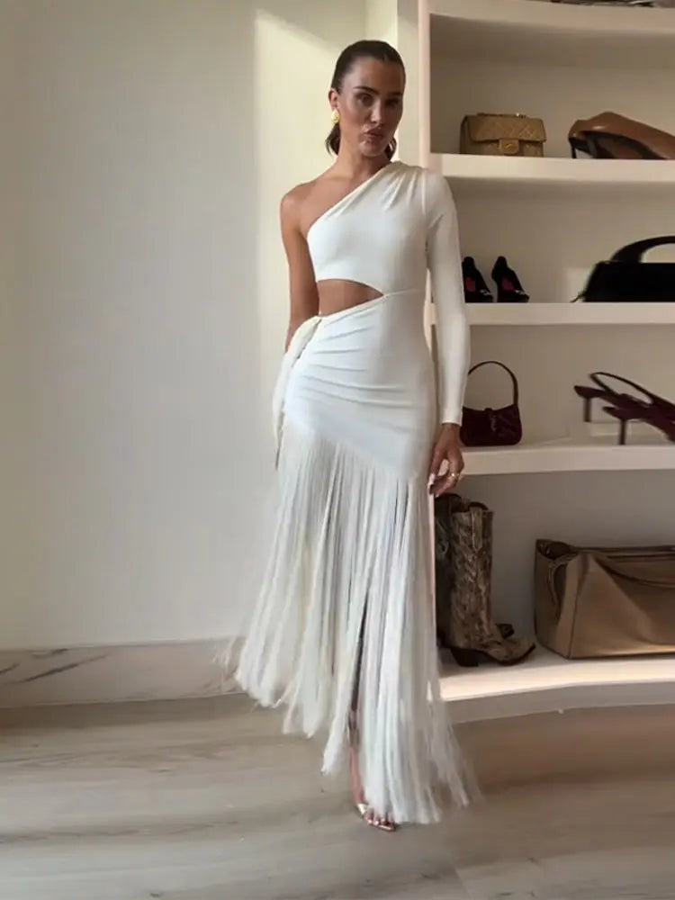 Sexy Tassels Hallow Out Dress Women Slim Skew Collar One Long Sleeves Vestidos Female 2025 Summer Chic High Waist Dresses