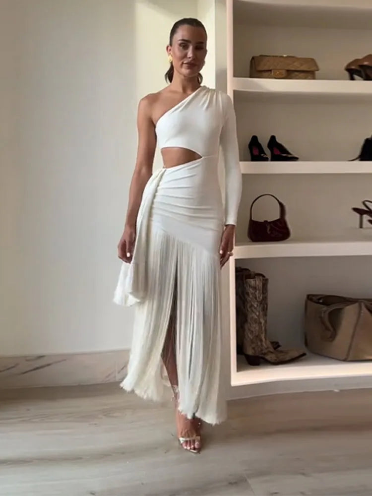 Sexy Tassels Hallow Out Dress Women Slim Skew Collar One Long Sleeves Vestidos Female 2025 Summer Chic High Waist Dresses