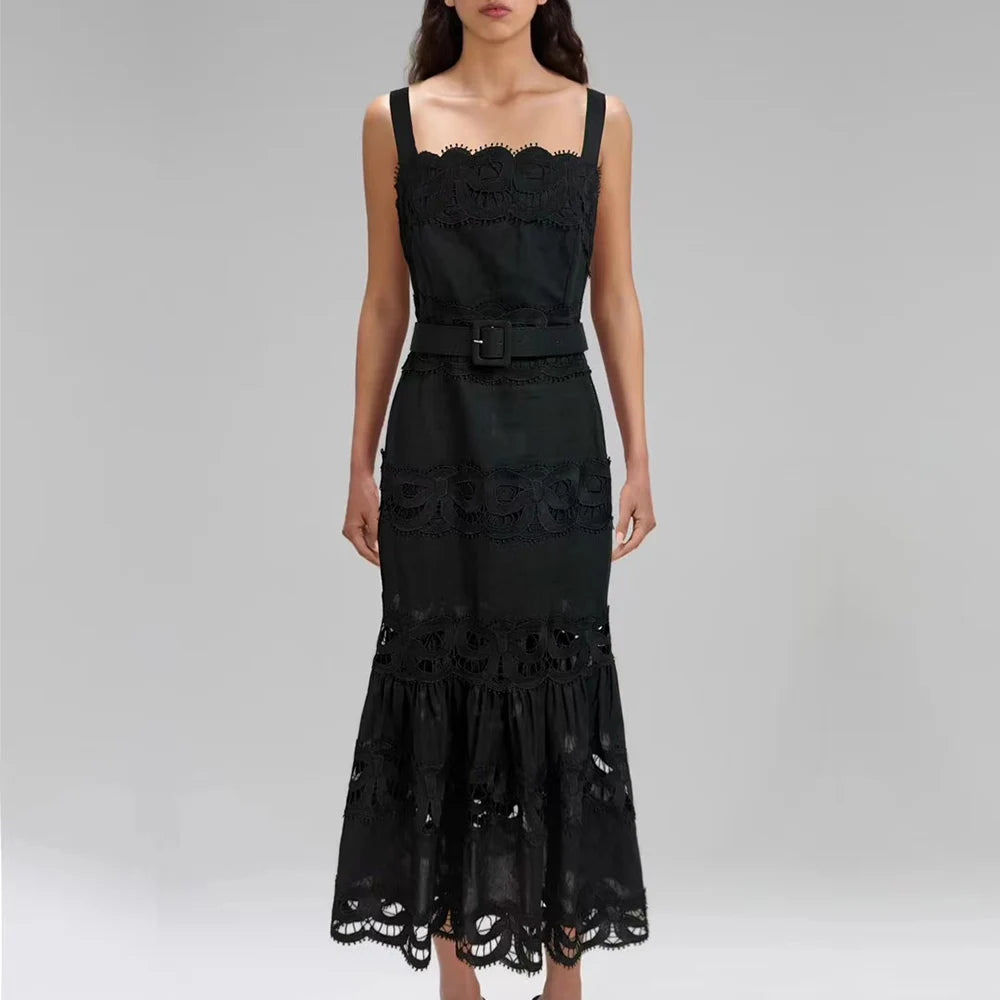 TWOTWINSTYLE Solid Hollow Out Elegant Dresses for Women Square Neck Sleeveless Patchwork Lace Dress Female Fashion Clothing New