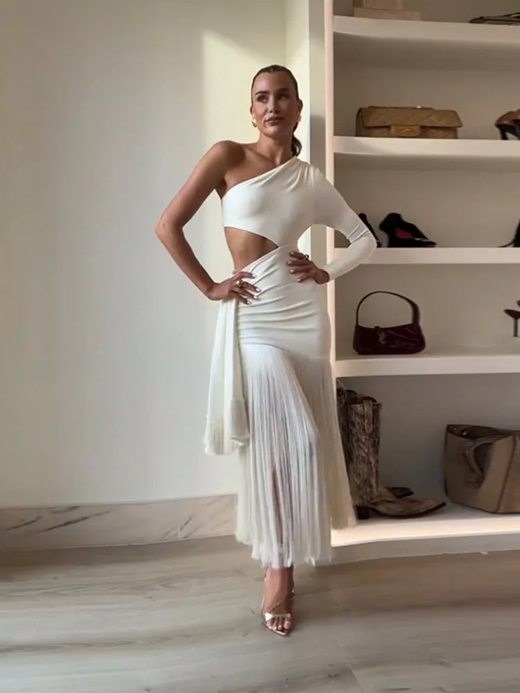 Sexy Tassels Hallow Out Dress Women Slim Skew Collar One Long Sleeves Vestidos Female 2025 Summer Chic High Waist Dresses