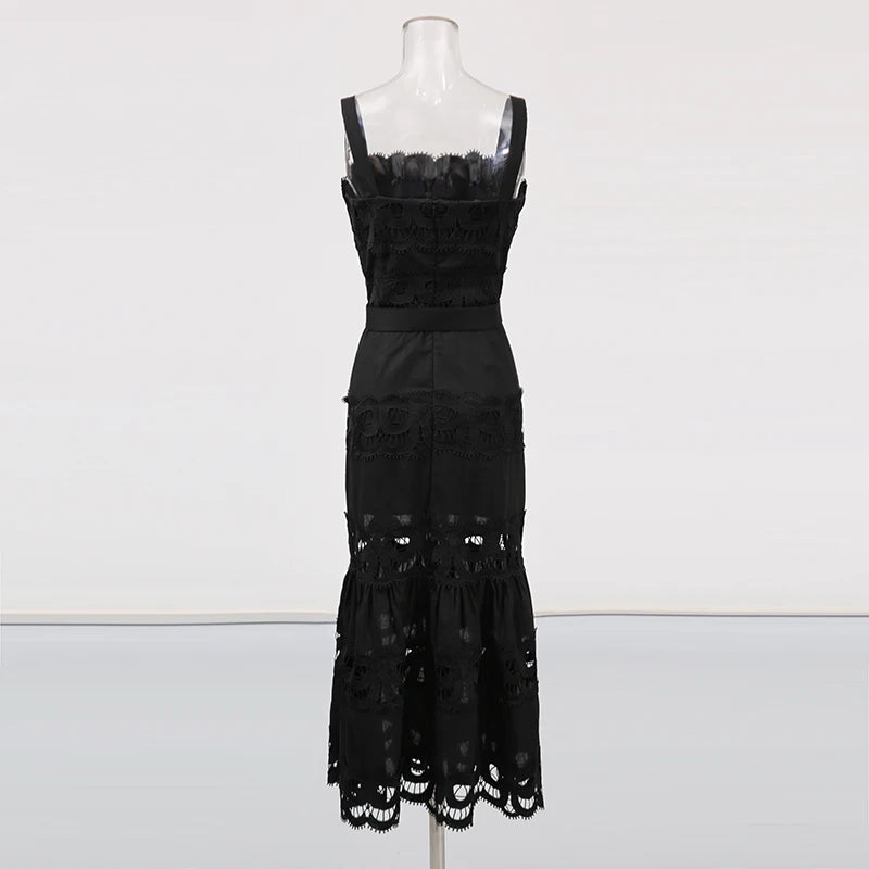TWOTWINSTYLE Solid Hollow Out Elegant Dresses for Women Square Neck Sleeveless Patchwork Lace Dress Female Fashion Clothing New