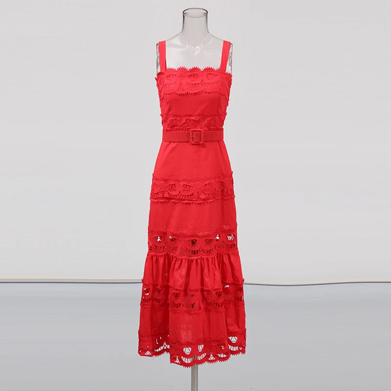 TWOTWINSTYLE Solid Hollow Out Elegant Dresses for Women Square Neck Sleeveless Patchwork Lace Dress Female Fashion Clothing New