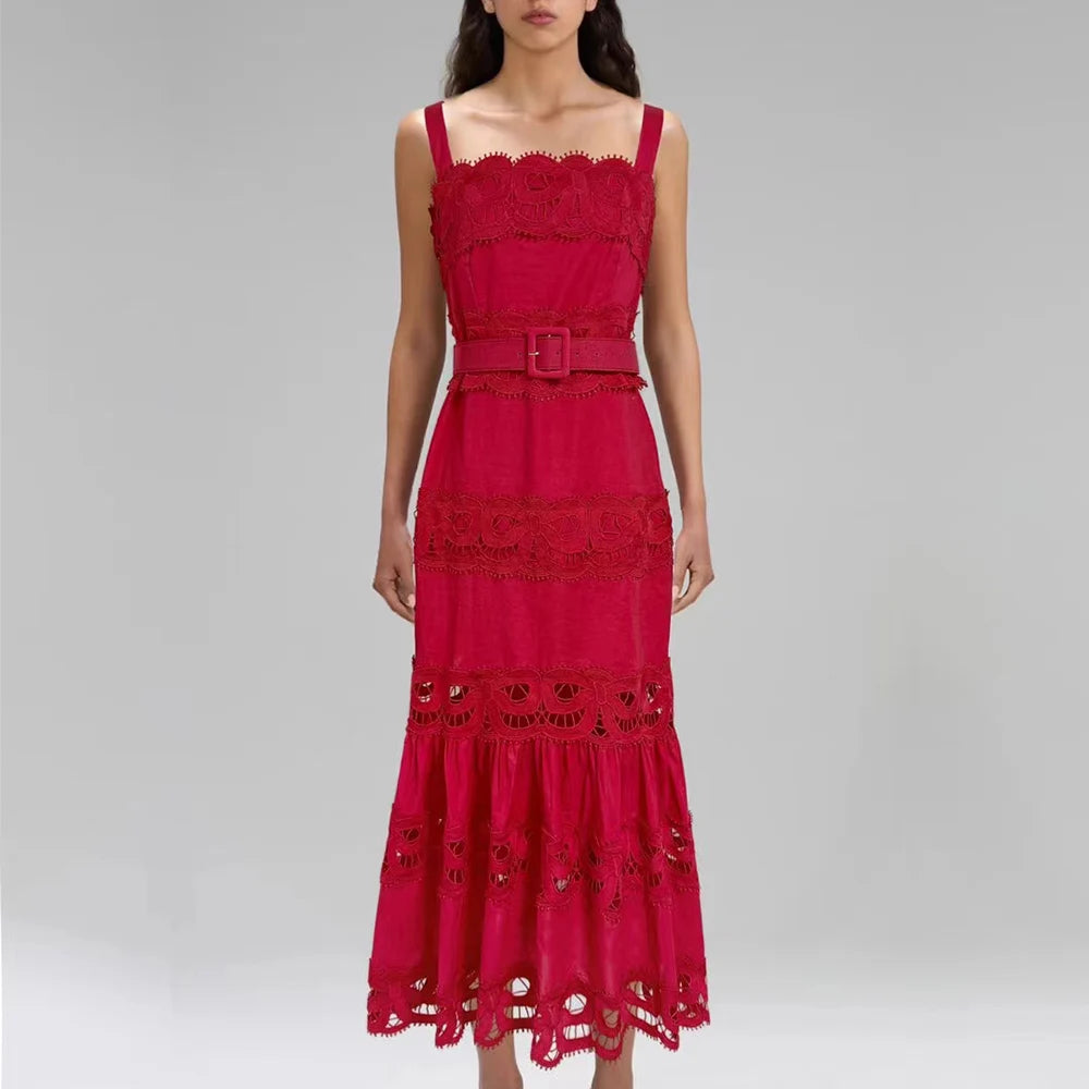 TWOTWINSTYLE Solid Hollow Out Elegant Dresses for Women Square Neck Sleeveless Patchwork Lace Dress Female Fashion Clothing New