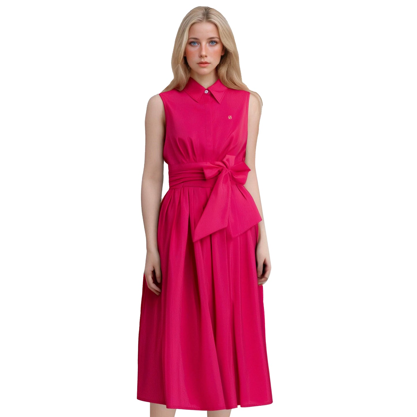 Summer Women Dress Sleeveless Casual Lapel Shirt Dress Bow Belt Solid Color A Line Fashion Metal Buckle Female Dresses
