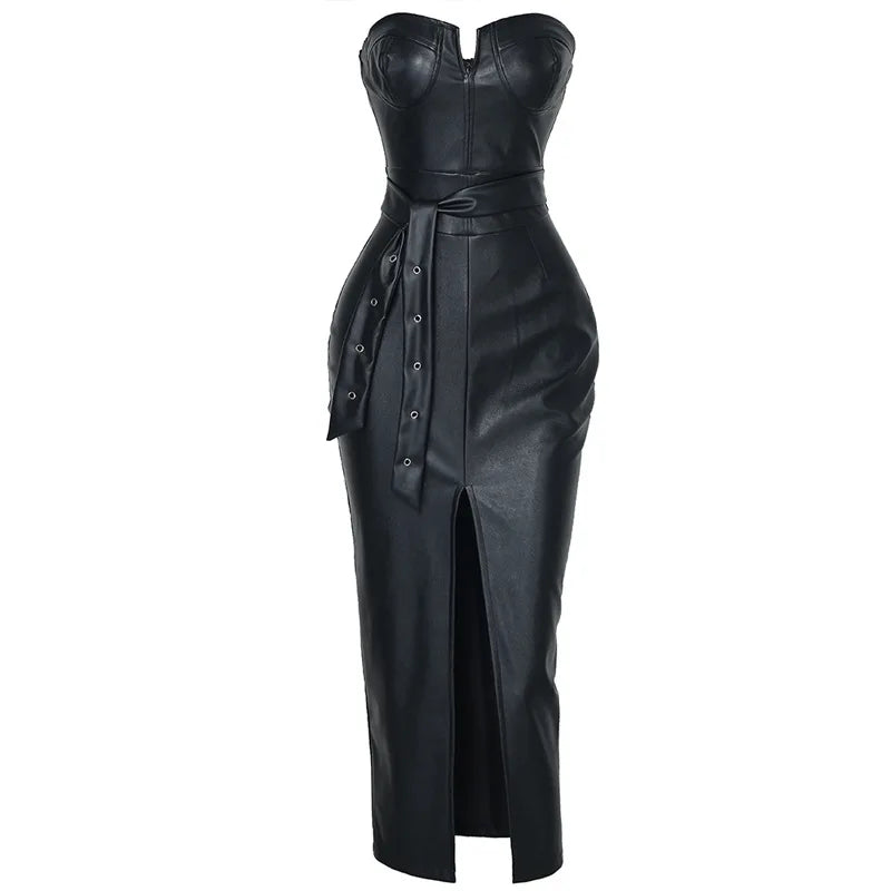 Sexy Dress PU Faux Leather Club Dress Bandage Long Dresses Women Black Clubwear Lace Up Wet Look Clubwear y2k Clothes Wholesale