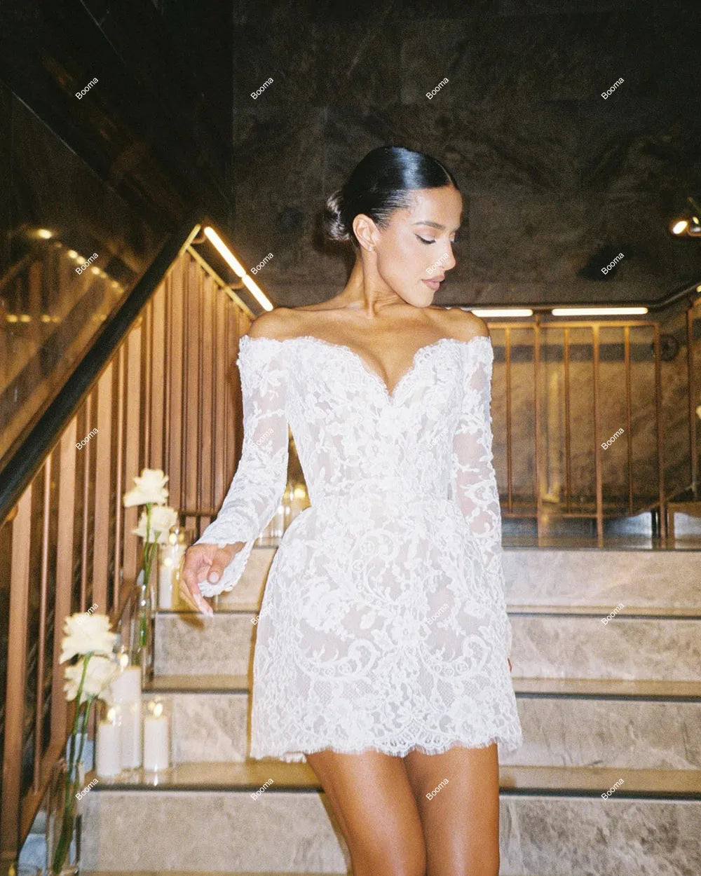 Booma Lace Short Wedding Dresses V Neck Mini Brides Party Gowns for Women Long Sleeves Bridals Evening Dress Customized