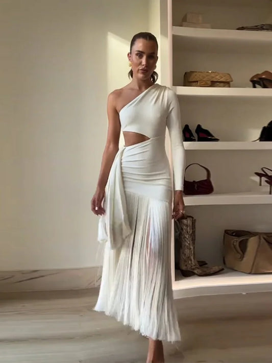 Sexy Tassels Hallow Out Dress Women Slim Skew Collar One Long Sleeves Vestidos Female 2025  Summer Chic High Waist Dresses