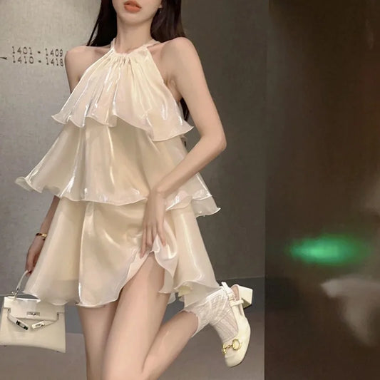 Woman Dress Elegant Sweet Sleeveless Ruffles Mesh Loose Summer New Cake Mini Dresses Solid Sexy Female Casual Fairy 2025