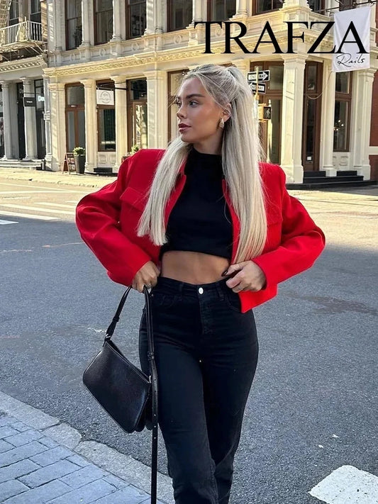 TRAFZA 2024 Fall Women's Chic Pocket Long Sleeve Short Jacket Streetwear Retro Lapel Women's Casual Solid Color Jacket Coat Y2K